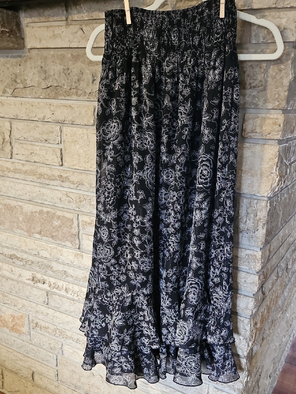 LOF Black Maxi Skirt with White Floral Print